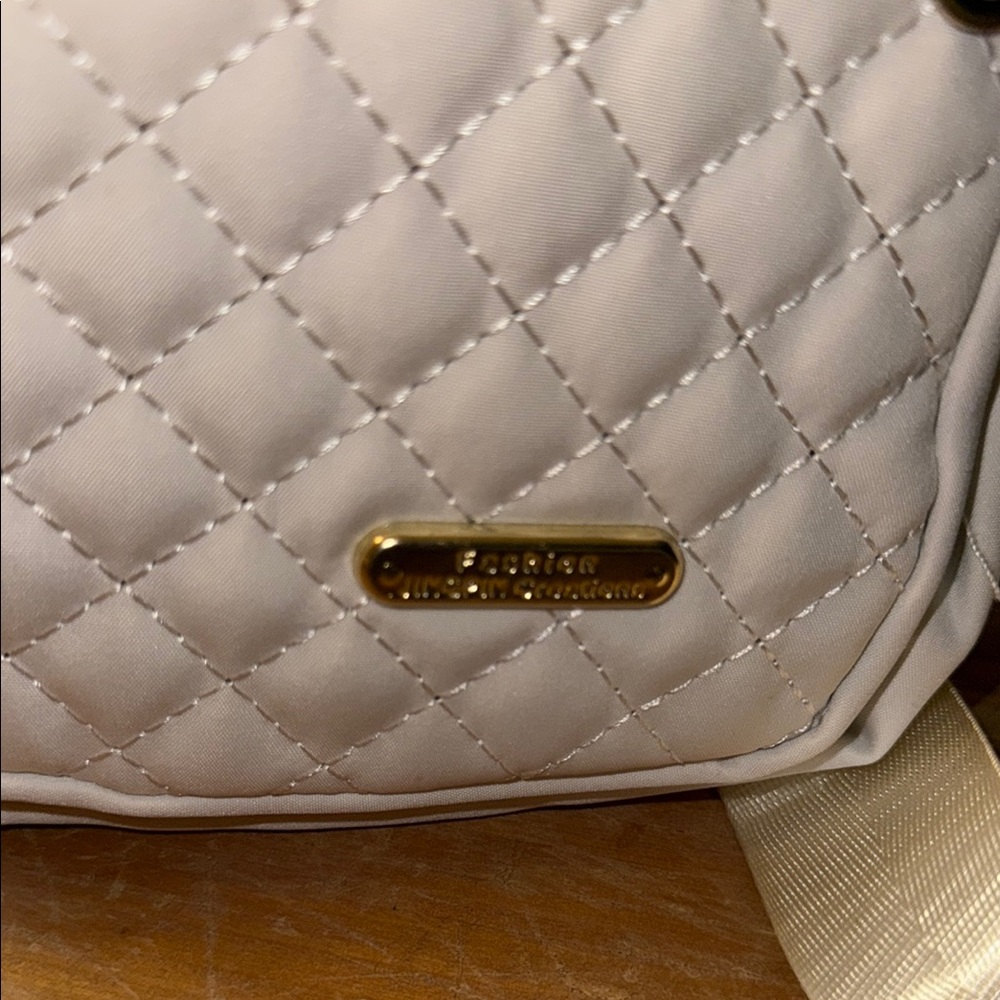 Cream Quilted crossbody Backpack with Diamond Pattern and Gold Accents - Picture 3 of 7